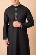 Jet black men’s thobe with white geometric embroidered placket and cuff borders