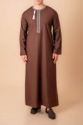 Coffee Brown Omani Thobe with White Geometric Embroidery & Tassel