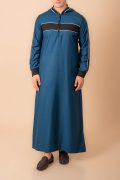 Men’s Teal Blue Hooded Thobe with Black Panel & White Stripe Accents