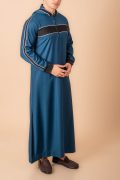 Men wearing teal blue hooded thobe with black chest panel, white stripe design and zip front neckline