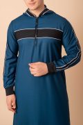 Men wearing teal blue hooded thobe with black chest panel, white stripe design and zip front neckline