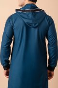 Men wearing teal blue hooded thobe with black chest panel, white stripe design and zip front neckline