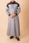 Men wearing light grey hooded thobe with black upper panel, white stripe design and zip front neckline
