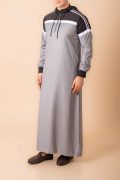 Men wearing light grey hooded thobe with black upper panel, white stripe design and zip front neckline