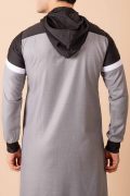 Men wearing light grey hooded thobe with black upper panel, white stripe design and zip front neckline