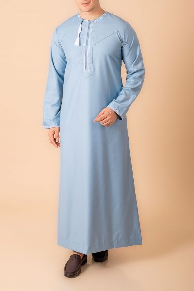 Light sky blue Omani thobe with white loop embroidery and tassel for men