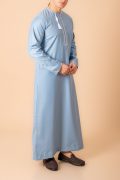 Light sky blue Omani thobe with white loop embroidery and tassel for men