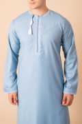 Light sky blue Omani thobe with white loop embroidery and tassel for men