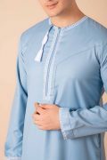 Light sky blue Omani thobe with white loop embroidery and tassel for men