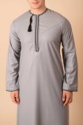 Light ash grey Omani thobe with black loop embroidery and tassel for men