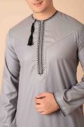 Light ash grey Omani thobe with black loop embroidery and tassel for men