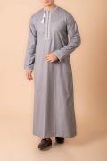 Light grey Omani thobe with white geometric embroidery and tassel for men