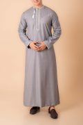 Light grey Omani thobe with white geometric embroidery and tassel for men