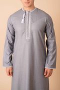 Light grey Omani thobe with white geometric embroidery and tassel for men
