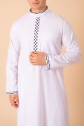 Men’s classic white thobe with black lattice embroidery strip and contrast cuff trim front view