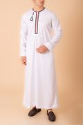 White Omani thobe with green red black embroidery and tassel for men