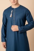Teal blue Omani thobe with white geometric embroidery and tassel for men