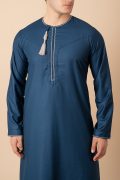 Teal blue Omani thobe with white geometric embroidery and tassel for men