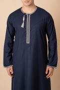 Navy blue Omani thobe with Light grey / silver grey geometric embroidery and tassel for men