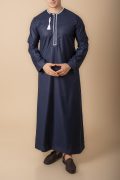 Navy blue Omani thobe with white geometric embroidery and tassel for men