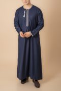Navy blue Omani thobe with Light grey / silver grey geometric embroidery and tassel for men