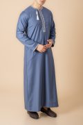 Steel Blue Omani Thobe with White Loop Embroidery & Tassel - Image 3