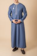 Steel blue Omani thobe with white loop embroidery and tassel for men