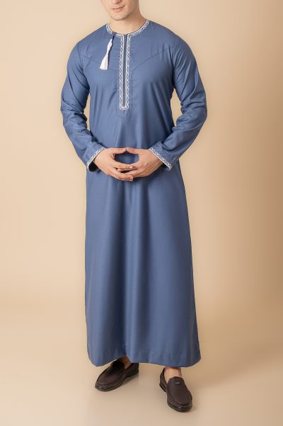 Steel blue Omani thobe with white loop embroidery and tassel for men