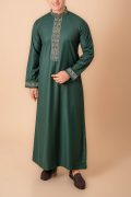 emerald green thobe with gold floral embroidered placket panel collar and cuffs
