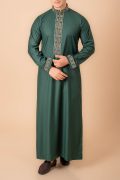 emerald green thobe with gold floral embroidered placket panel collar and cuffs