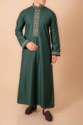 emerald green thobe with gold floral embroidered placket panel collar and cuffs