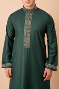 emerald green thobe with gold floral embroidered placket panel collar and cuffs