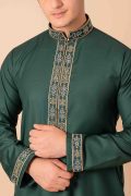 emerald green thobe with gold floral embroidered placket panel collar and cuffs