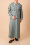 Sage green Omani thobe with beige geometric embroidery and tassel for men