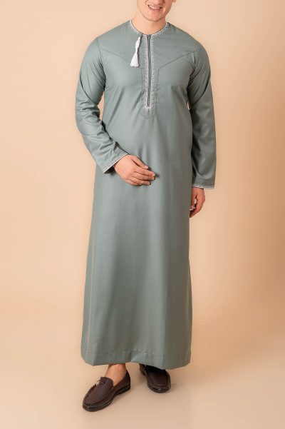 Sage green Omani thobe with beige geometric embroidery and tassel for men