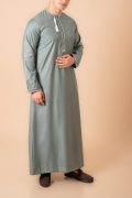 Sage green Omani thobe with beige geometric embroidery and tassel for men