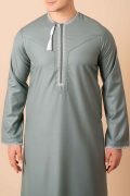 Sage green Omani thobe with beige geometric embroidery and tassel for men
