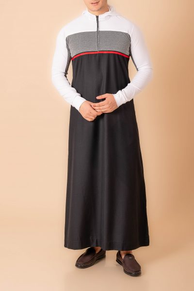 Men wearing black hooded thobe with white sleeves, grey panel and red stripe zip front design