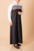 Men wearing black hooded thobe with white sleeves, grey panel and red stripe zip front design