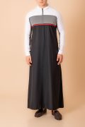 Men wearing black hooded thobe with white sleeves, grey panel and red stripe zip front design