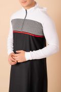 Men wearing black hooded thobe with white sleeves, grey panel and red stripe zip front design