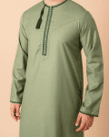Light Olive Green Omani Thobe with Dark Green Geometric Embroidery & Tassel - Image 2