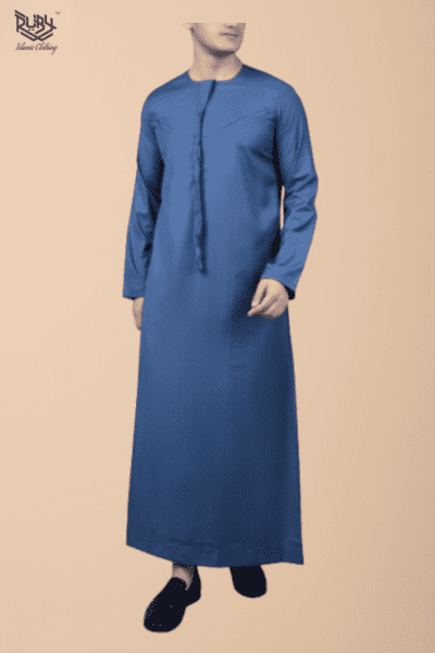 Steel blue Emirati thobe with tassel and subtle blue chest embroidery