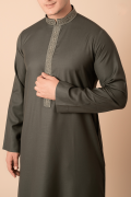 Olive green Emirati thobe with gold embroidered collar and placket for men