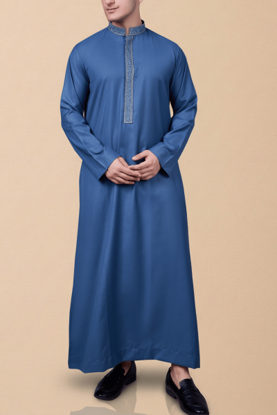Steel Blue Emirati Thobe with Silver Embroidery