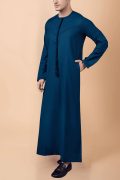 men teal blue emirati tassel thobe with chevron stitched chest panel and front tassel kandura