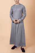 light grey men thobe with zip neck minimalist long sleeve ankle length traditional robe