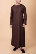 deep brown men thobe with zip neck minimalist long sleeve ankle length traditional robe