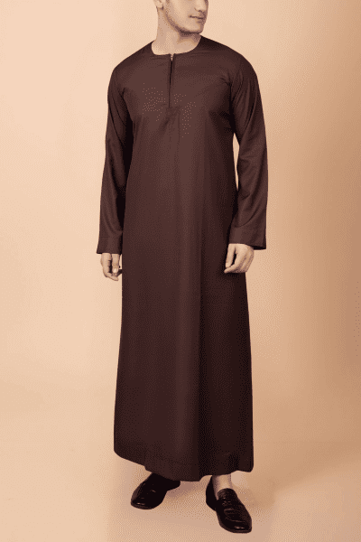 deep brown men thobe with zip neck minimalist long sleeve ankle length traditional robe