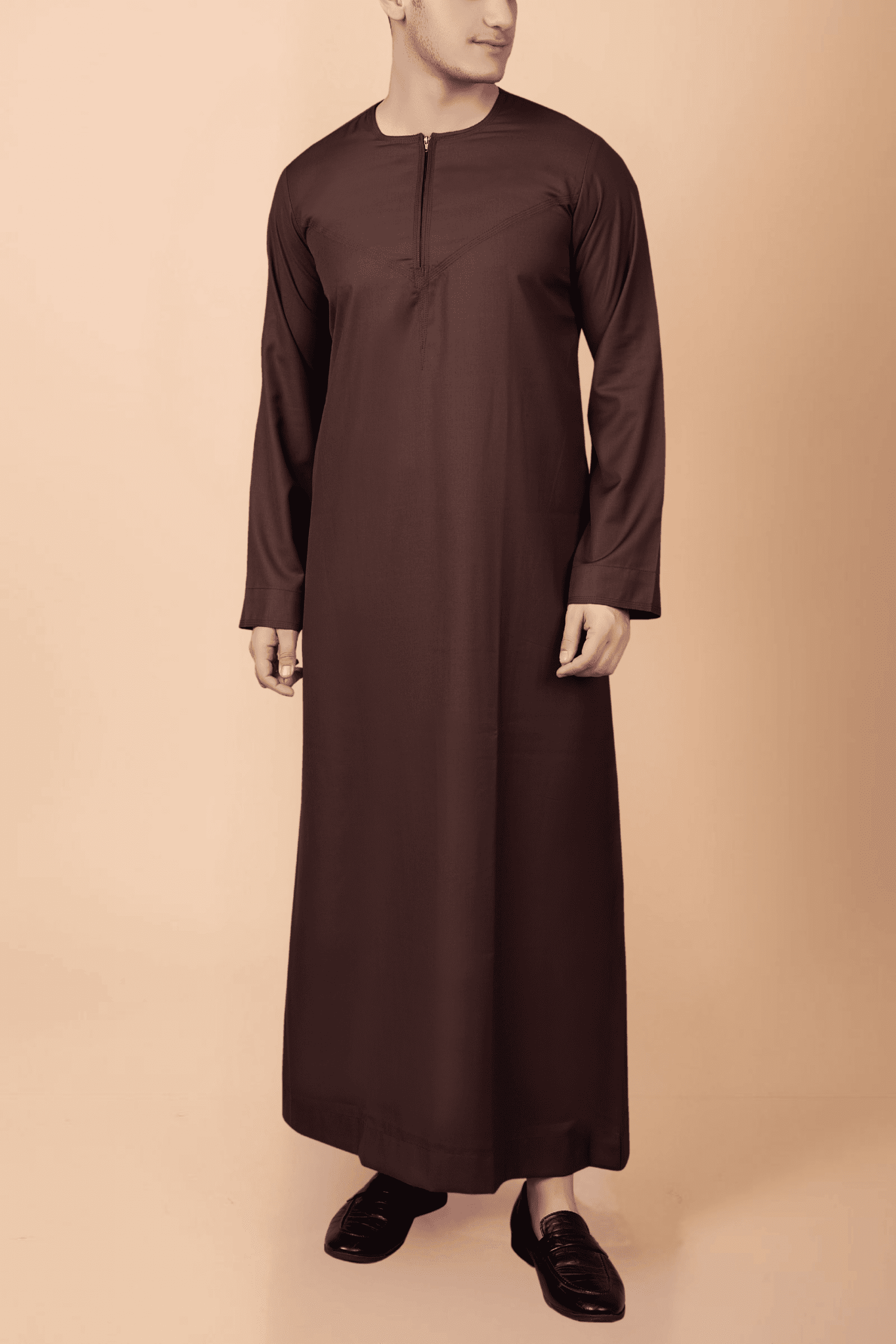 deep brown men thobe with zip neck minimalist long sleeve ankle length traditional robe